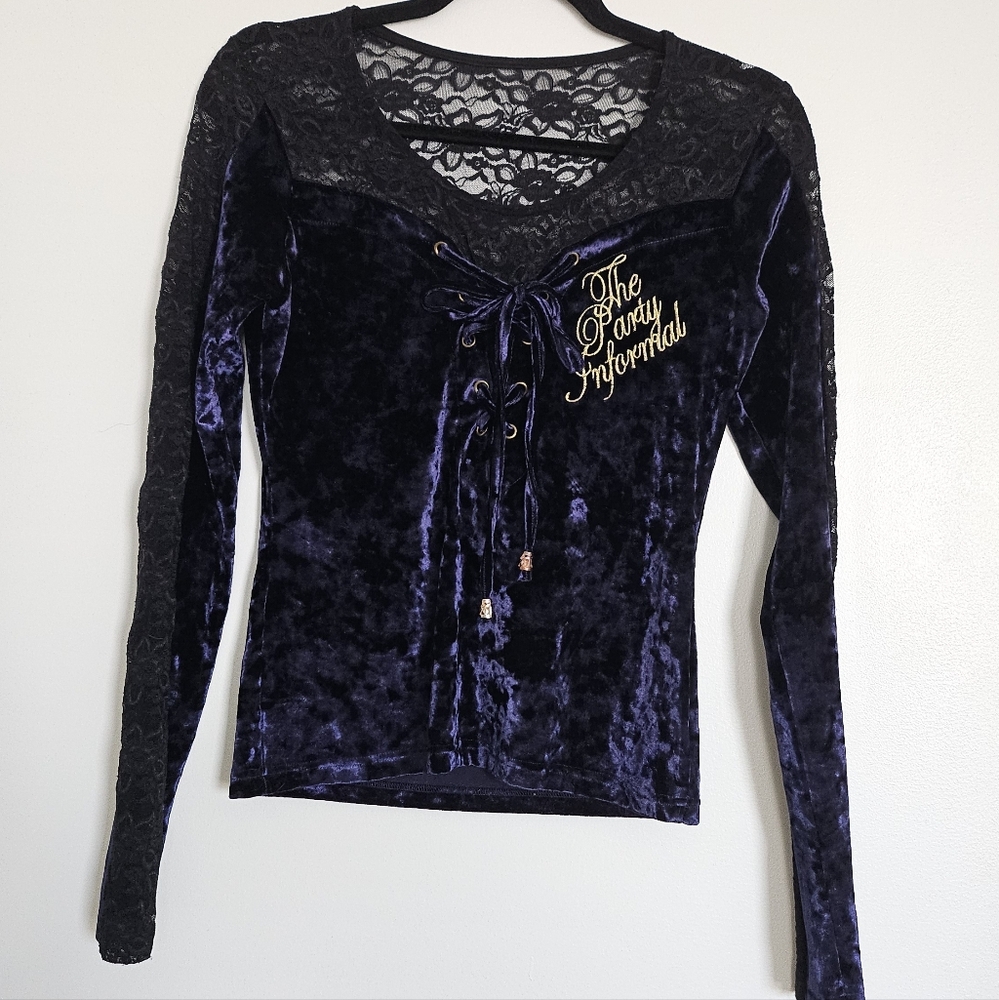D.i.a Gyaru Navy Blue Crushed Velvet Lace Up Top Gold Embroidery